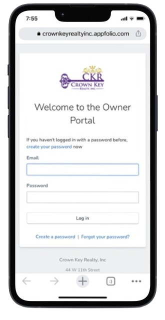 mockup of owner portal login page on mobile phone